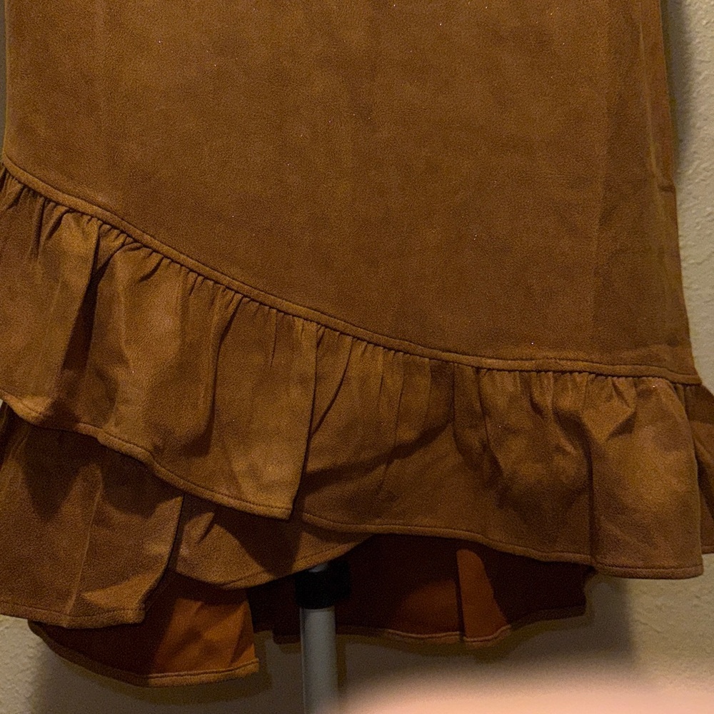 VOY sparkle camel ruffle ASYMETRICAL hem suede mini puff sleeve dress LARGE - Picture 7 of 11